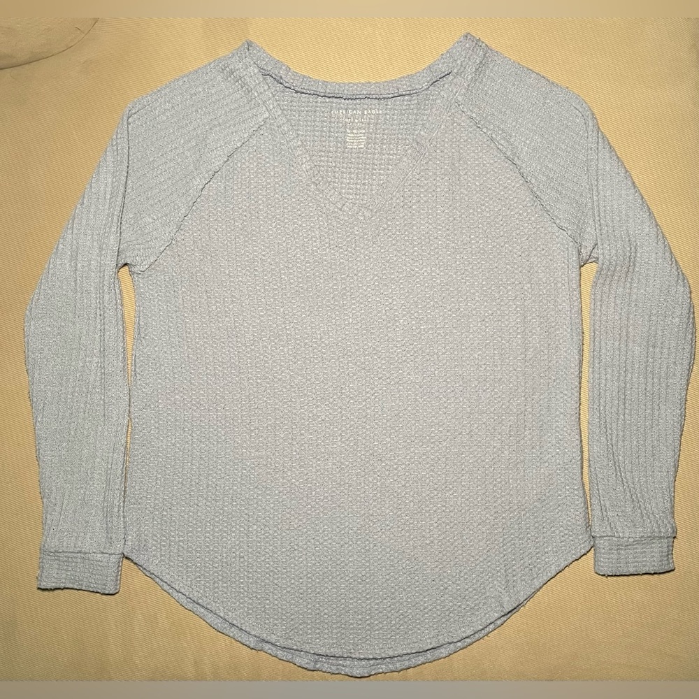 American Eagle Soft & Sexy Plush Waffle Knit Long Sleeve Top Blue-Grey Size XS